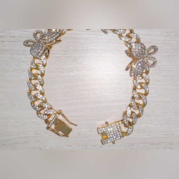 FASHION JEWELRY STAINLESS STEEL BUTTERFLY BRACELET RHINESTONE GOLD CUBAN CHAIN - Picture 2 of 14